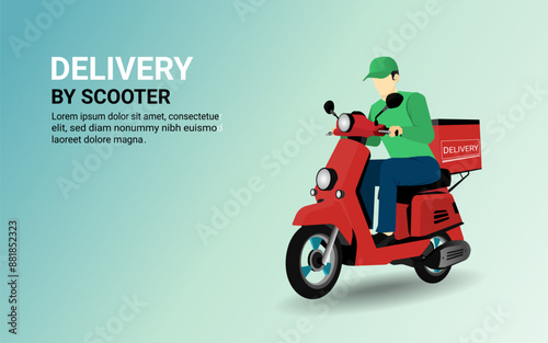 Fast delivery man by scooter. Online food order, e-commerce, Smart Logistic, Food delivery, Motorcycle, Ride scooter to deliver package. Parcel Box. Concept for website. 3D Vector illustration