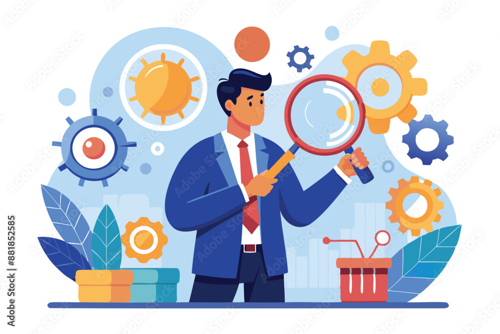 Smart businessman analyzing cogwheels with magnifying glass, representing problem-solving, process improvement, and efficient project management in business development Smart businessman analyzing cogwheels with magnifying glass, representing problem-solving, process improvement, and efficient project management in business development