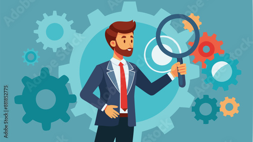 Smart businessman analyzing cogwheels with magnifying glass, representing problem-solving, process improvement, and efficient project management in business development