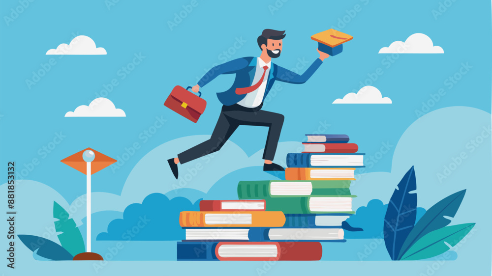 Smart Businessman Jumping Over High Books Stack to Gain Knowledge and Wisdom for Career Opportunities Smart Businessman Jumping Over High Books Stack to Gain Knowledge and Wisdom for Career Opportunities