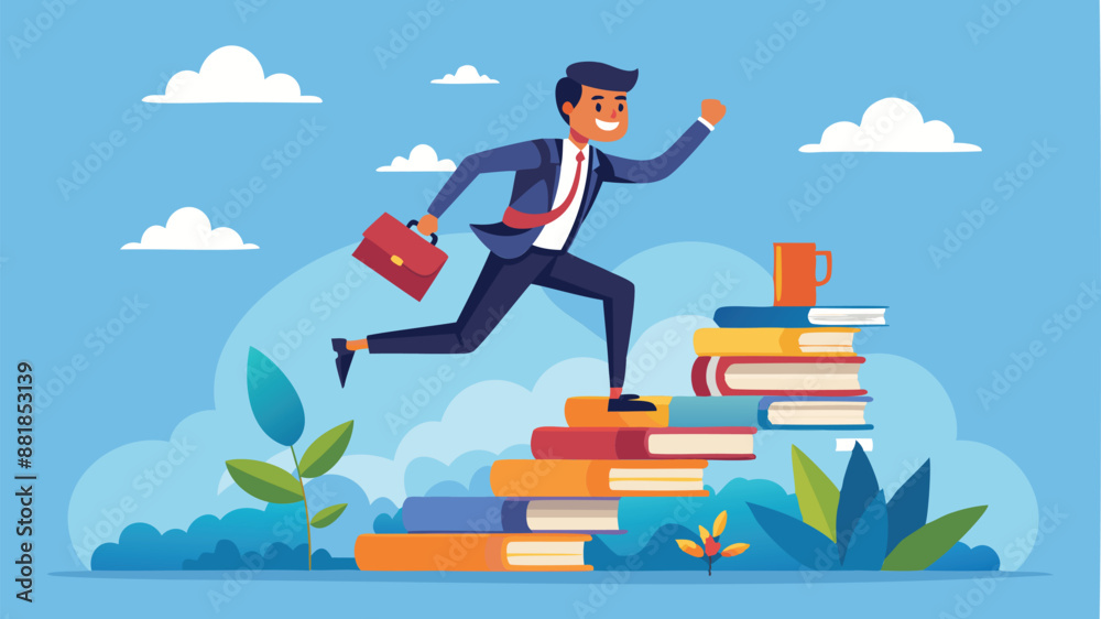 Smart Businessman Jumping Over High Books Stack to Gain Knowledge and Wisdom for Career Opportunities Smart Businessman Jumping Over High Books Stack to Gain Knowledge and Wisdom for Career Opportunities