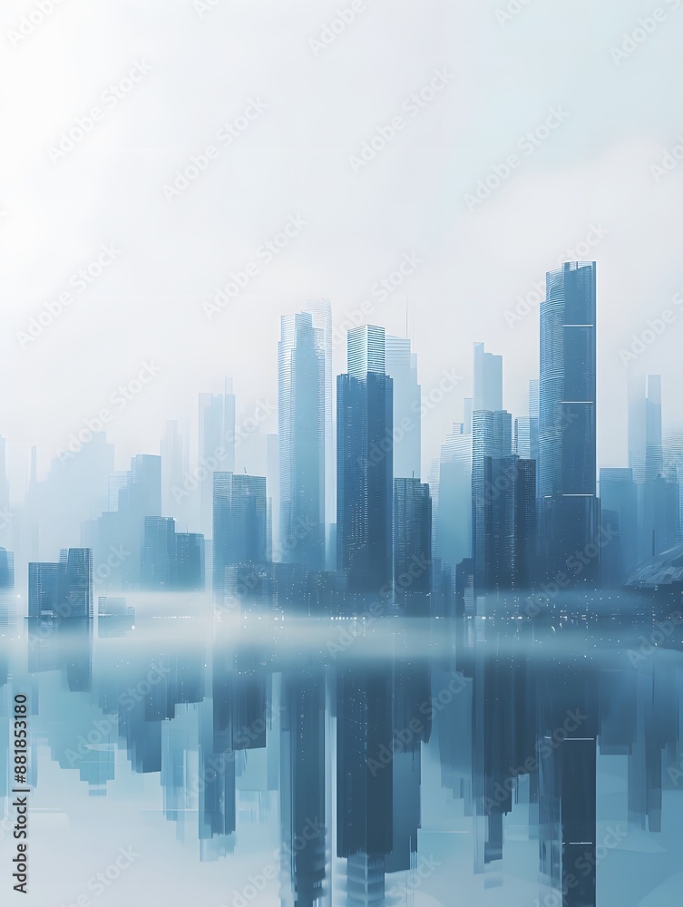 A misty cityscape with tall buildings reflected in the water. The image is rendered in a blue and white color palette, creating a sense of serenity and calm. A misty cityscape with tall buildings reflected in the water. The image is rendered in a blue and white color palette, creating a sense of serenity and calm.