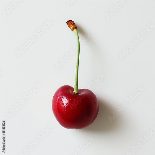 A cherry on a white background, in a minimalist, sharp-focused studio photo, ideal for commercial use. Clean background, high resolution, taken with a Hasselblad X2D, showcasing detailed food design. photo