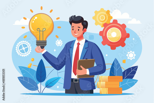 Smart Businessman Presenting Innovative Lightbulb with Cogs and Gears, Inventing New Technology