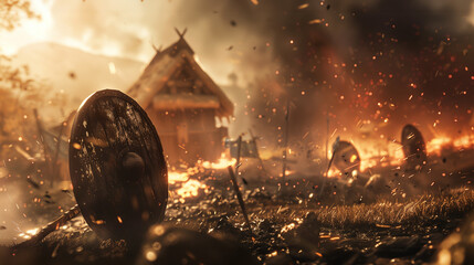 Viking shield and burning village. Fiery embers swirl amidst destruction after a war. Atmospheric battle scene for the background of a wallpaper. Dramatic historical conflict. Norse raid aftermath.