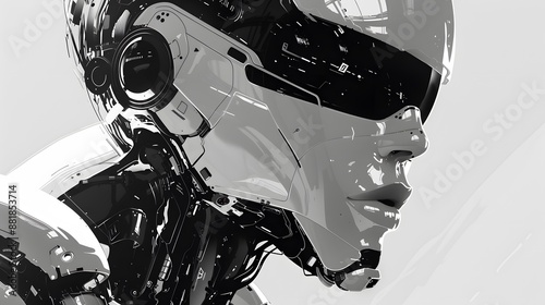 A close-up portrait of a futuristic android, showcasing intricate metallic details and a stoic expression. photo