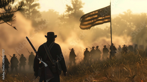 American Civil War soldier silhouette. Misty battlefield with flag. Troops marching. Atmospheric historical scene. Dramatic wartime depiction.