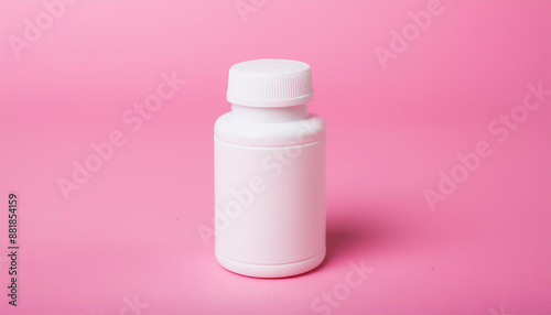 White medical plastic jar, pink background. Packaging for drugs, vitamins. Pill container. Mock-up.