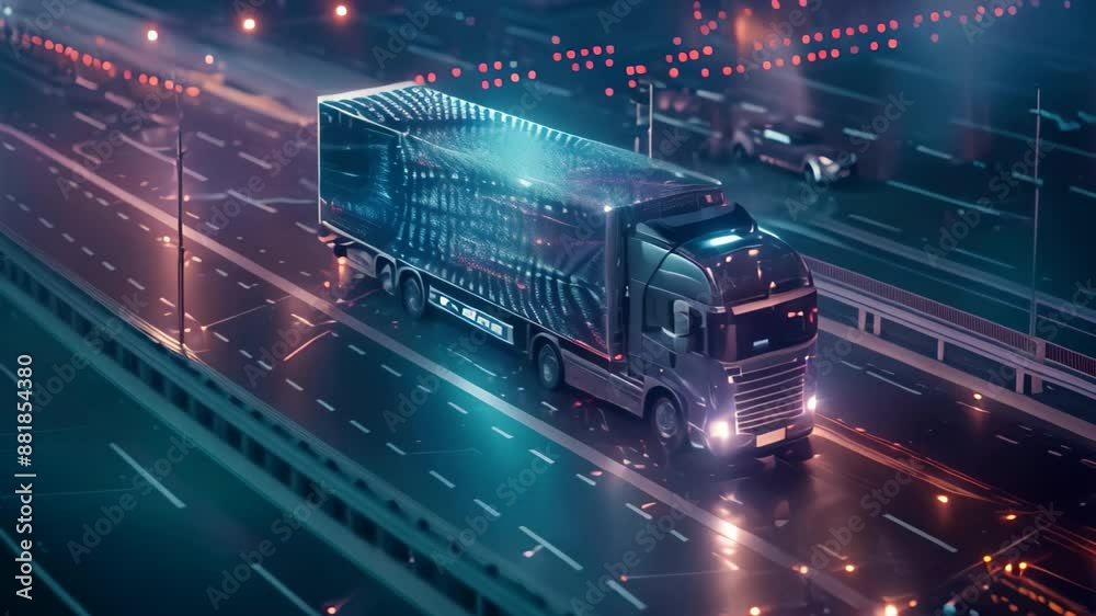A semi truck with futuristic lights drives on a highway at night, illuminating the road ahead, Incorporate futuristic elements to highlight the technological advancements in logistics management A semi truck with futuristic lights drives on a highway at night, illuminating the road ahead, Incorporate futuristic elements to highlight the technological advancements in logistics management
