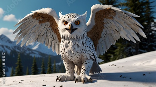 A mythical creature, a type of gryphon, head of a lion, wings of a snow owl. 3D rendering photo