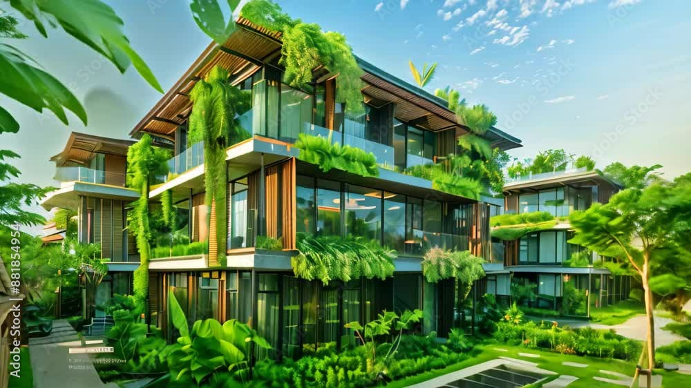 A modern apartment building featuring a rooftop covered in lush green vegetation, Incorporate sustainable design elements into your building to promote environmental responsibility A modern apartment building featuring a rooftop covered in lush green vegetation, Incorporate sustainable design elements into your building to promote environmental responsibility