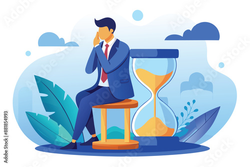 Thoughtful Businessman Ponders Business Solution While Sitting on Hourglass