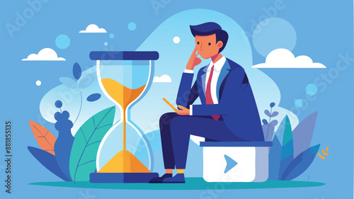 Thoughtful Businessman Ponders Business Solution While Sitting on Hourglass