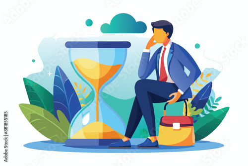 Thoughtful Businessman Ponders Business Solution While Sitting on Hourglass