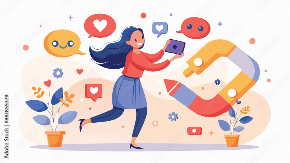 Woman Social Media Influencer Engaging Followers, Attracting Likes with Magnet Drawing Love Symbols, Online Marketing Concept
