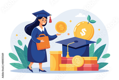 Young Woman Inserting Coin into Mortarboard Savings Box, Investing in Education Fund for College Tuition and Degree