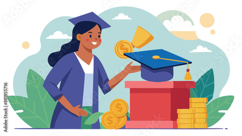 Young Woman Inserting Coin into Mortarboard Savings Box, Investing in Education Fund for College Tuition and Degree