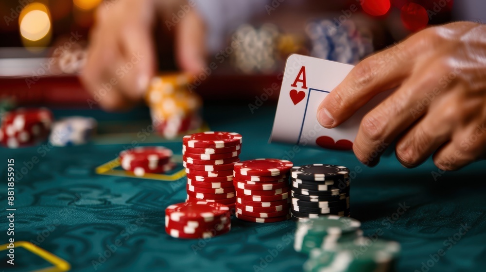 A dynamic casino scene featuring a poker player strategically playing an Ace of Hearts on a bustling, well-lit casino table, capturing the high stakes and excitement of betting.