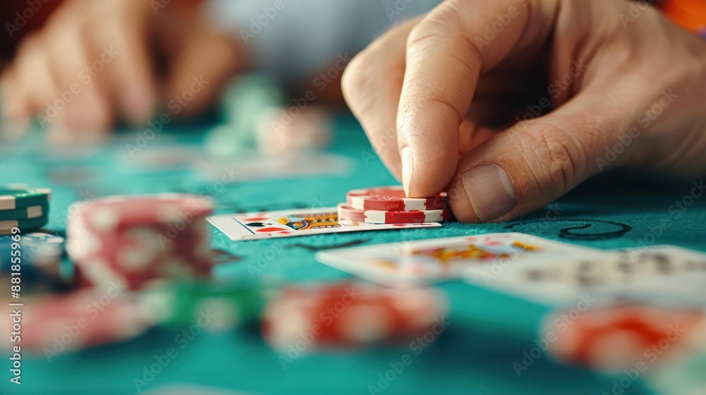 Focused on the game, a player's fingers carefully stack poker chips, their concentrated effort reflecting the strategy and tension inherent in the game of poker. Focused on the game, a player's fingers carefully stack poker chips, their concentrated effort reflecting the strategy and tension inherent in the game of poker.