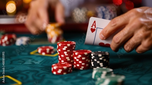 A dynamic casino scene featuring a poker player strategically playing an Ace of Hearts on a bustling, well-lit casino table, capturing the high stakes and excitement of betting. photo