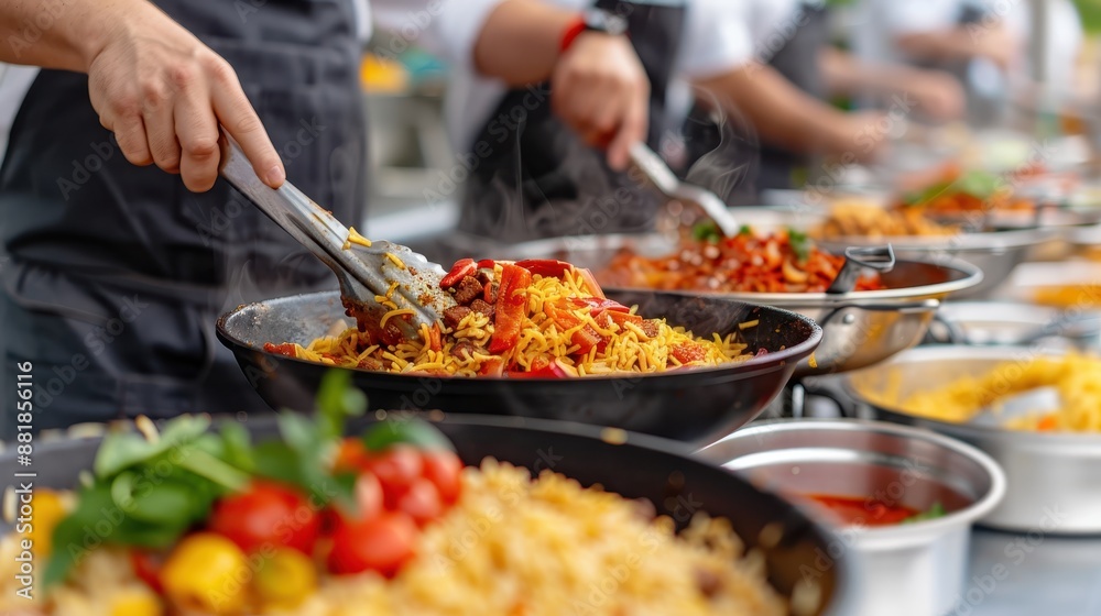 A buffet display featuring an assortment of dishes being stirred and served, highlighting delicious recipes, freshly prepared ingredients, and the vibrant energy of food service. A buffet display featuring an assortment of dishes being stirred and served, highlighting delicious recipes, freshly prepared ingredients, and the vibrant energy of food service.