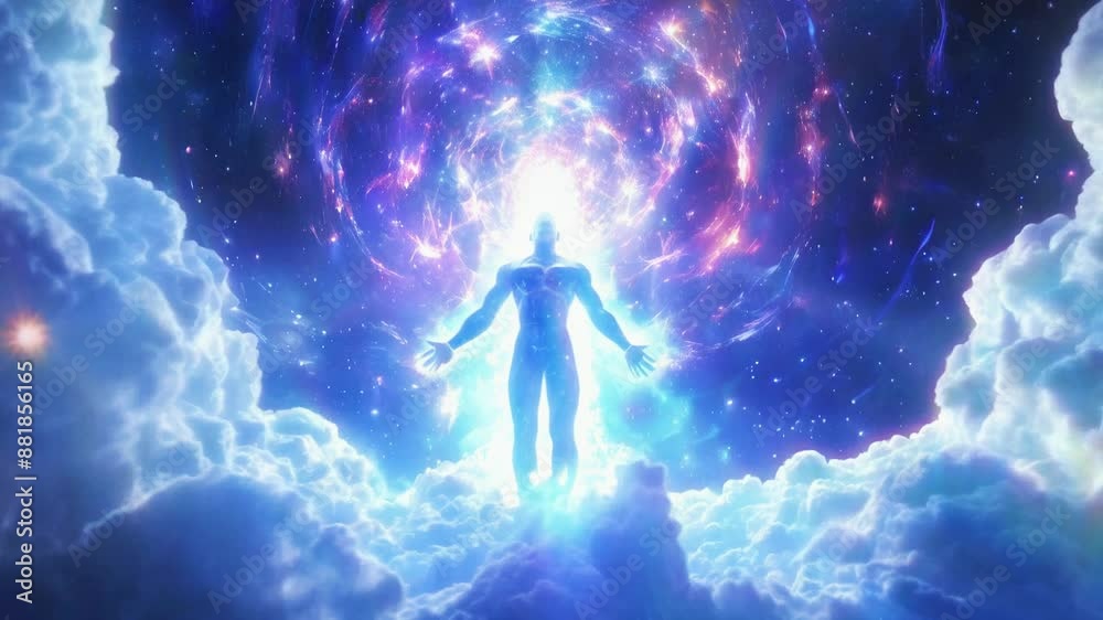 silhuette of a man spirit on galaxy space background, colorful energy flow, 4k new quality colorful stock video footage wallpaper AI silhuette of a man spirit on galaxy space background, colorful energy flow, 4k new quality colorful stock video footage wallpaper AI