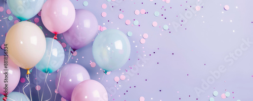 A whimsical background featuring pastel-colored balloons with confetti, against a light lavender background with space for text.