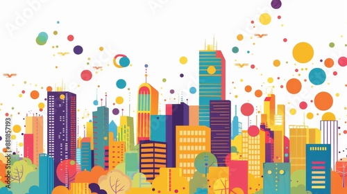 Colorful Cityscape with Floating Circles and Birds