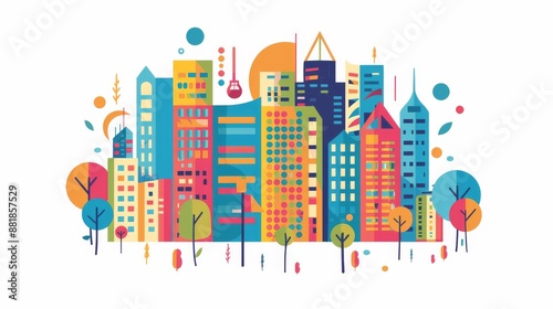 Modern Cityscape with Colorful Buildings and Trees
