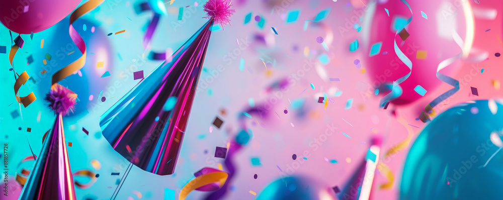 A vibrant celebration scene with streamers, balloons, and party hats against a colorful gradient background, leaving room for text. A vibrant celebration scene with streamers, balloons, and party hats against a colorful gradient background, leaving room for text.