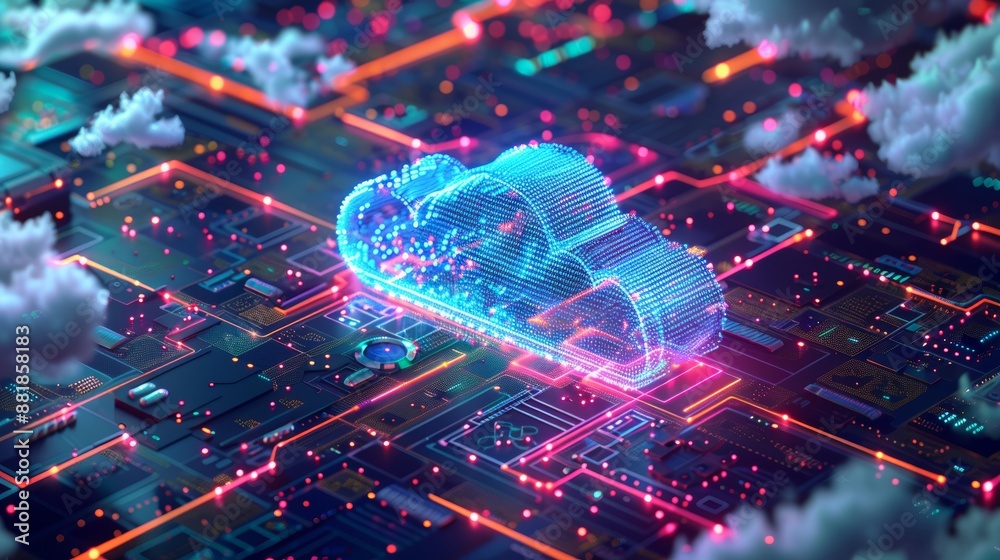 A futuristic 3D illustration of a digital cloud surrounded by a network of servers and devices, symbolizing cloud storage and connectivity. A futuristic 3D illustration of a digital cloud surrounded by a network of servers and devices, symbolizing cloud storage and connectivity.