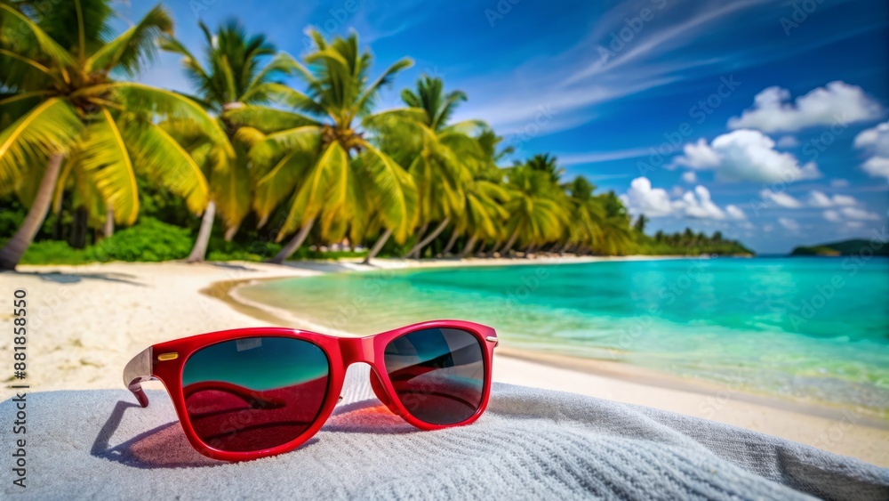 Vibrant red sunglasses rest on a beach towel beside a tropical lagoon with white sand, coconut trees, and serene turquoise waters. Vibrant red sunglasses rest on a beach towel beside a tropical lagoon with white sand, coconut trees, and serene turquoise waters.