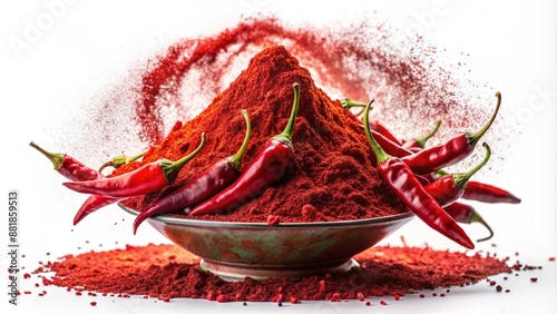 Vibrant crimson organic Kashmiri red chili pepper flakes burst in a textured powder cloud on a transparent cutout background. photo