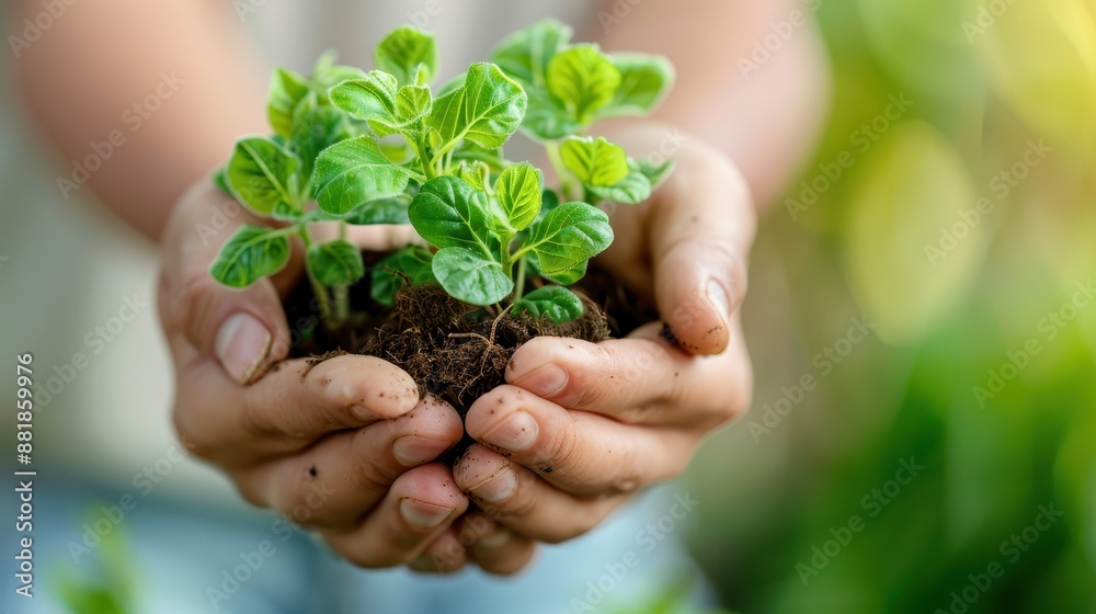 A pair of hands carefully cradles a vibrant green plant in rich soil, representing nurturing, growth, and the connection between humans and nature, set against a blurred background. A pair of hands carefully cradles a vibrant green plant in rich soil, representing nurturing, growth, and the connection between humans and nature, set against a blurred background.