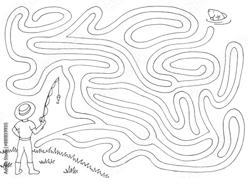 Fishing maze graphic black white sketch illustration vector
