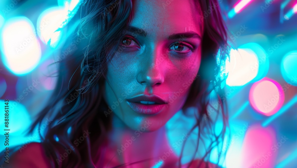 Beautiful woman out on the city streets at night colorful light spots shining through glass windows and soft lighting. Beautiful woman out on the city streets at night colorful light spots shining through glass windows and soft lighting.