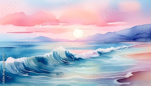 Serene watercolor depiction of a calm sea at dawn, with gentle waves and a pastel sky.