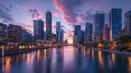 A cityscape panorama featuring tall buildings and skyscrapers along a wide river during twilight.