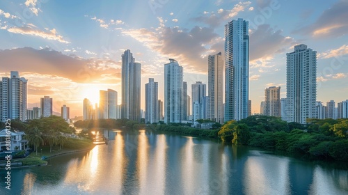 A cityscape with high-rise residential buildings and commercial towers overlooking a serene river scene.