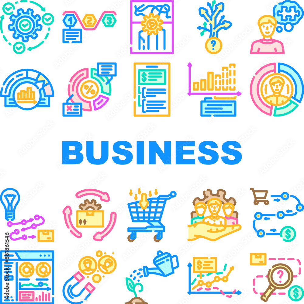 business process technology chart icons set vector. implementation, streamlining, standardization, decision making, problem solving business process technology chart color line illustrations