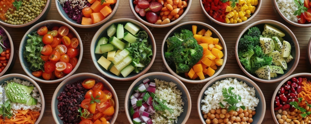 Healthy plant based protein bowl with a variety of colorful foods, colorful plant based protein bowls, healthy eating Healthy plant based protein bowl with a variety of colorful foods, colorful plant based protein bowls, healthy eating