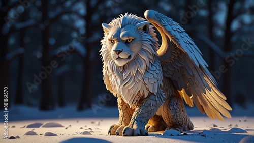 A mythical creature, a type of gryphon, head of a lion, wings of a snow owl. 3D rendering photo