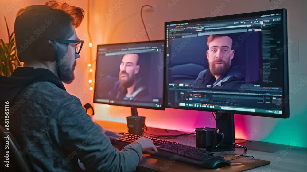 A man concentrates while sitting in front of two computer monitors, working on designing and developing software, Iterative process of designing and developing software A man concentrates while sitting in front of two computer monitors, working on designing and developing software, Iterative process of designing and developing software