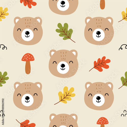 Seamless pattern with cute bear, autumn leaves, mushroom, acorns and oak leaves, Scandinavian style. Baby texture for fabric, nursery decoration, textiles.