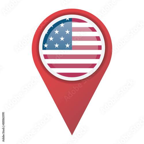 Location pin with flag of the United States. Glossy location pin marker isolated on white background