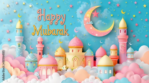 background Eid Mubarak Greeting Card with Crescent Moon and Stars in a Dreamy Sky Above Fantasy Mosque