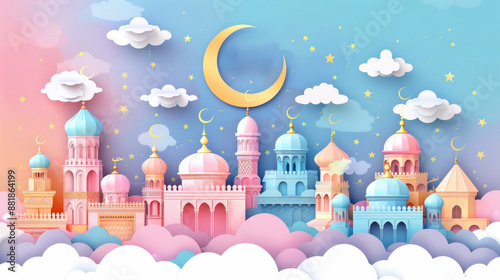 background Eid Mubarak Celebration with Crescent Moon and Stars in a Dreamy Sky - Perfect for Festive Greetings and Holiday Wishes