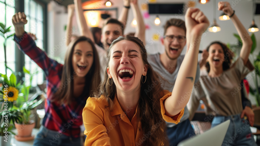 Startup Team Celebrating Major Funding Round in Vibrant Office Environment with Joyful Expressions