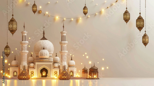 Elegant Eid Mubarak Celebration with Illuminated Mosque and Hanging Lanterns - Perfect for Festive Greetings and Cultural Celebrations