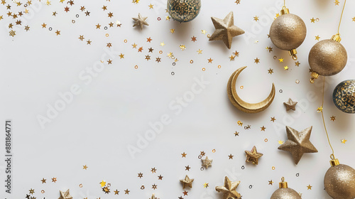 Elegant Eid Mubarak Celebration Background with Golden Decorations, Crescent Moon, and Stars on White